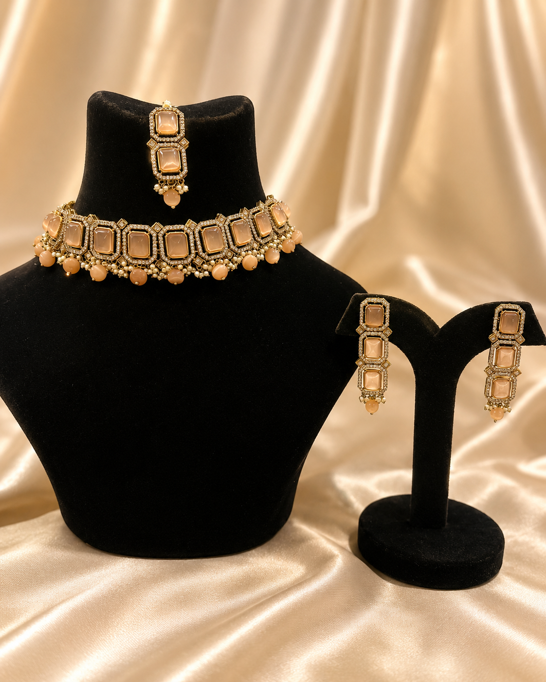 Peach Meher Kundan Set