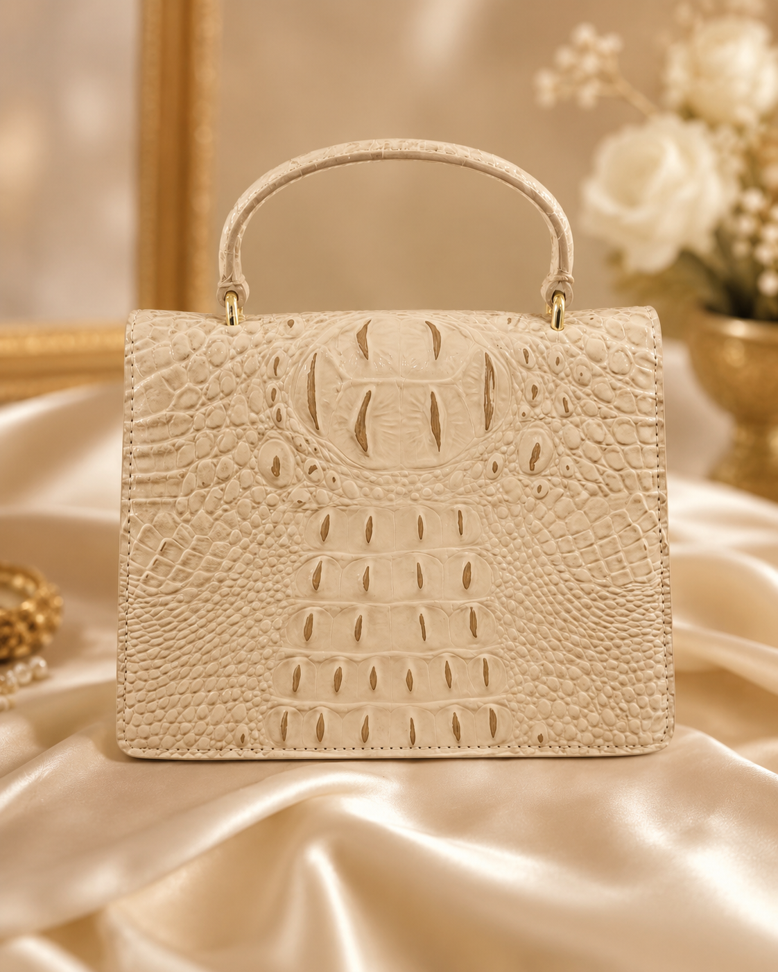 Ivory Croc-Embossed Handbag